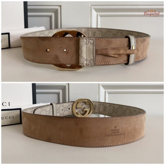 Authentic Gucci Cream Guccissima Leather Gold Interlocking G Buckle Belt 85/34 - Picture 6 of 12